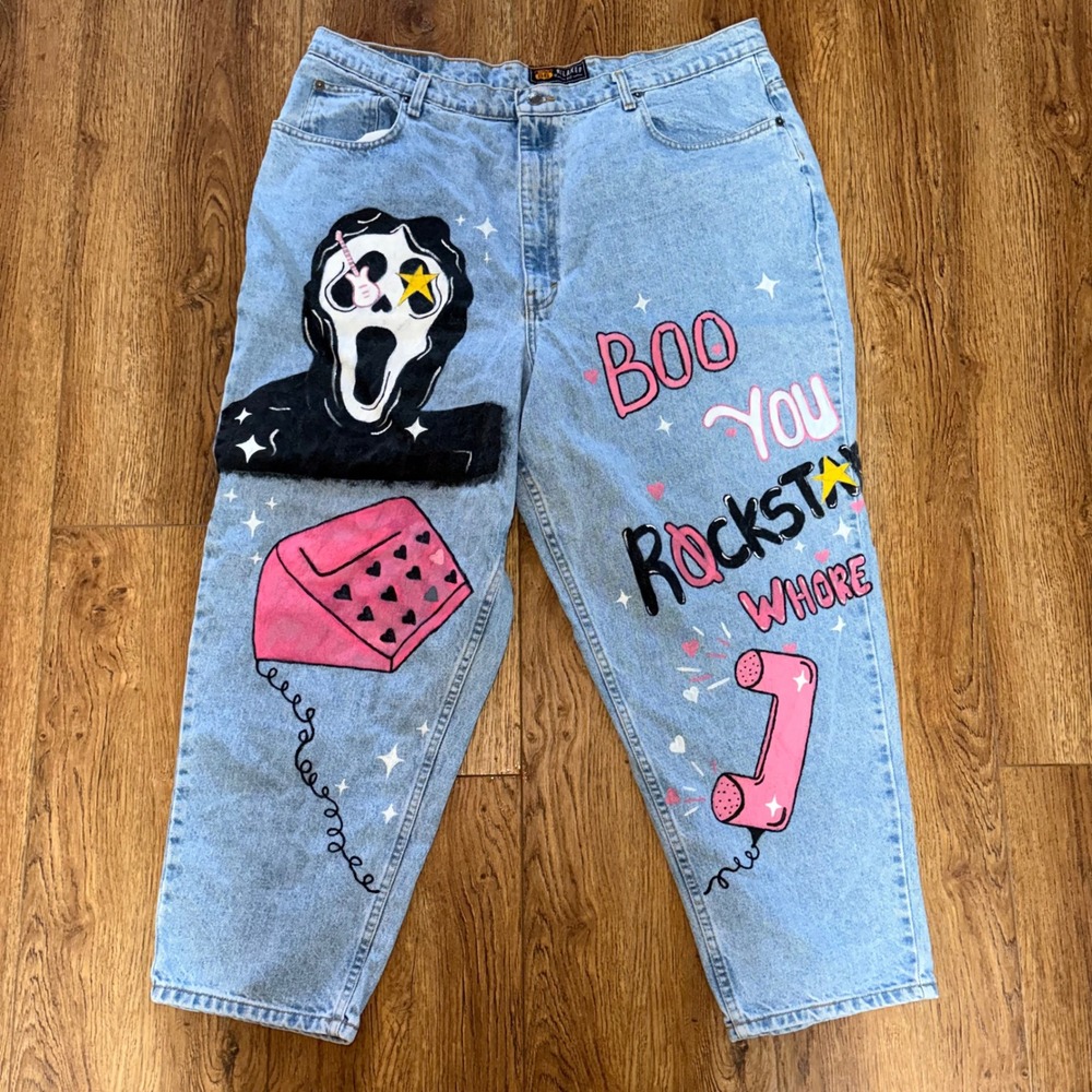 VTG‎ Route 66 Custom Hand Painted Ghostface Scream Jeans Womens 40x29 Halloween